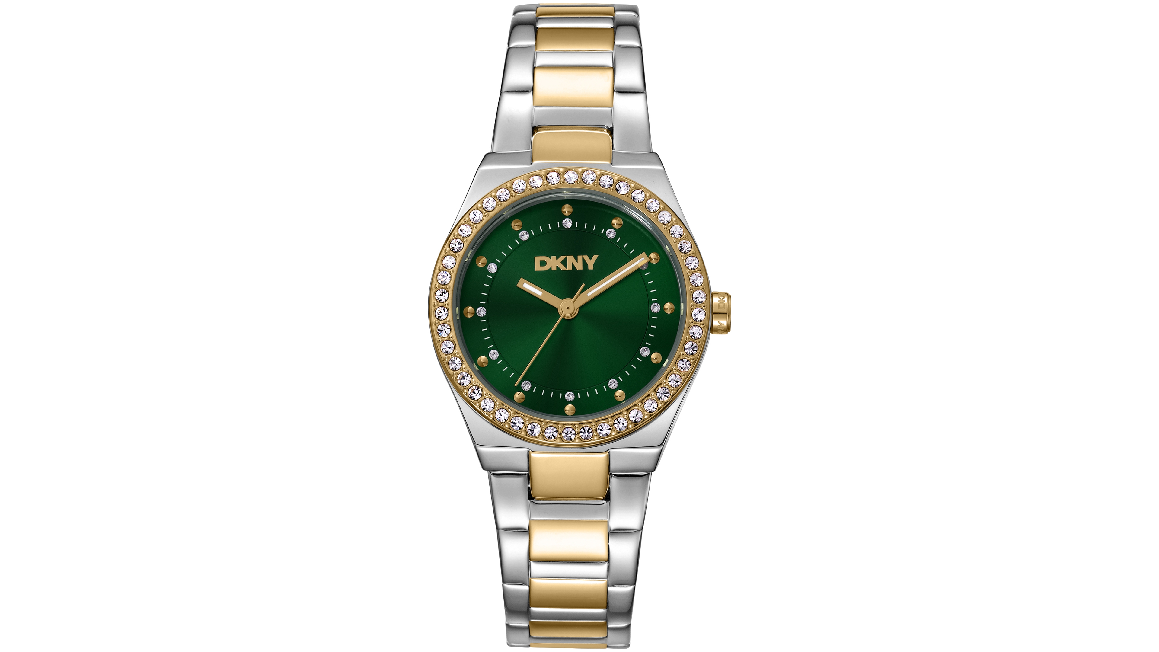 Dkny Women's Green Dial Crystal Dial Markers Crystal Bezel Two-Tone Gold Stainless Steel Bracelet Watch, 30mm