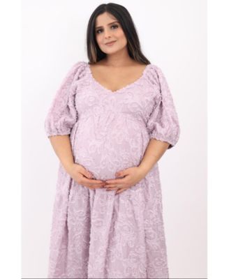 Maternity Lavender Fringe Textured Short Puff Sleeve Midi Dress