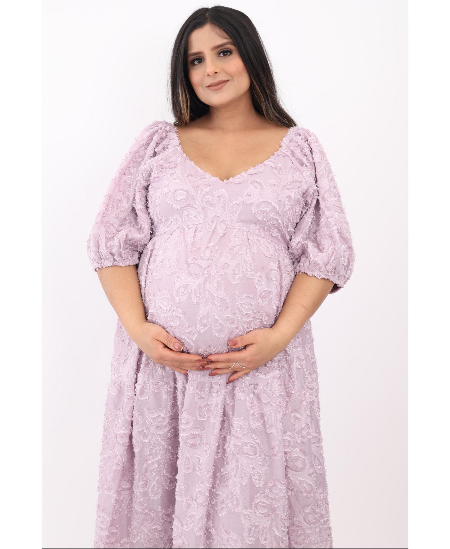 Women's Lavender Fringe Textured Short Puff Sleeve Midi Dress