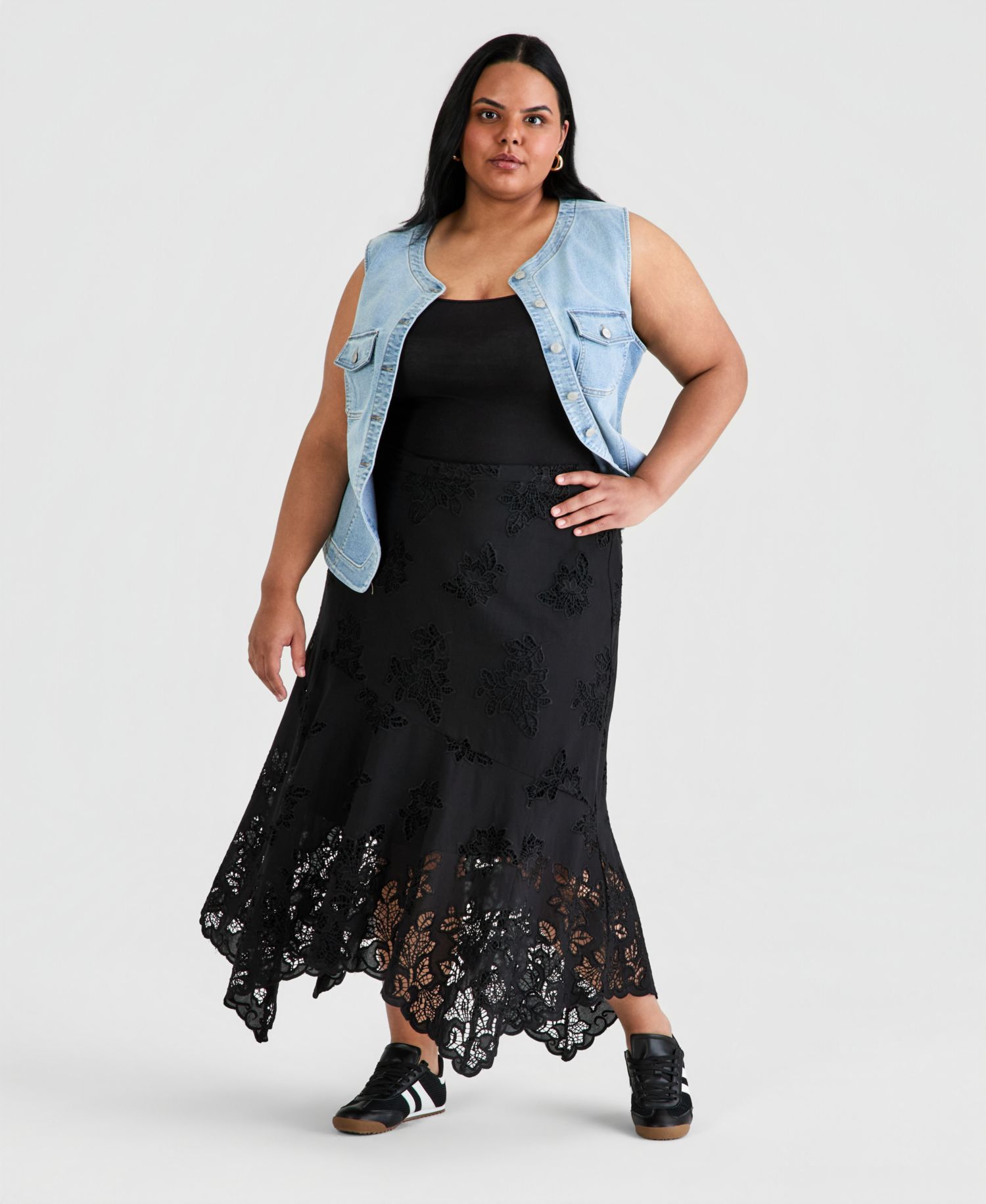 Petite Asymmetric Floral Cutwork Pull-On Skirt