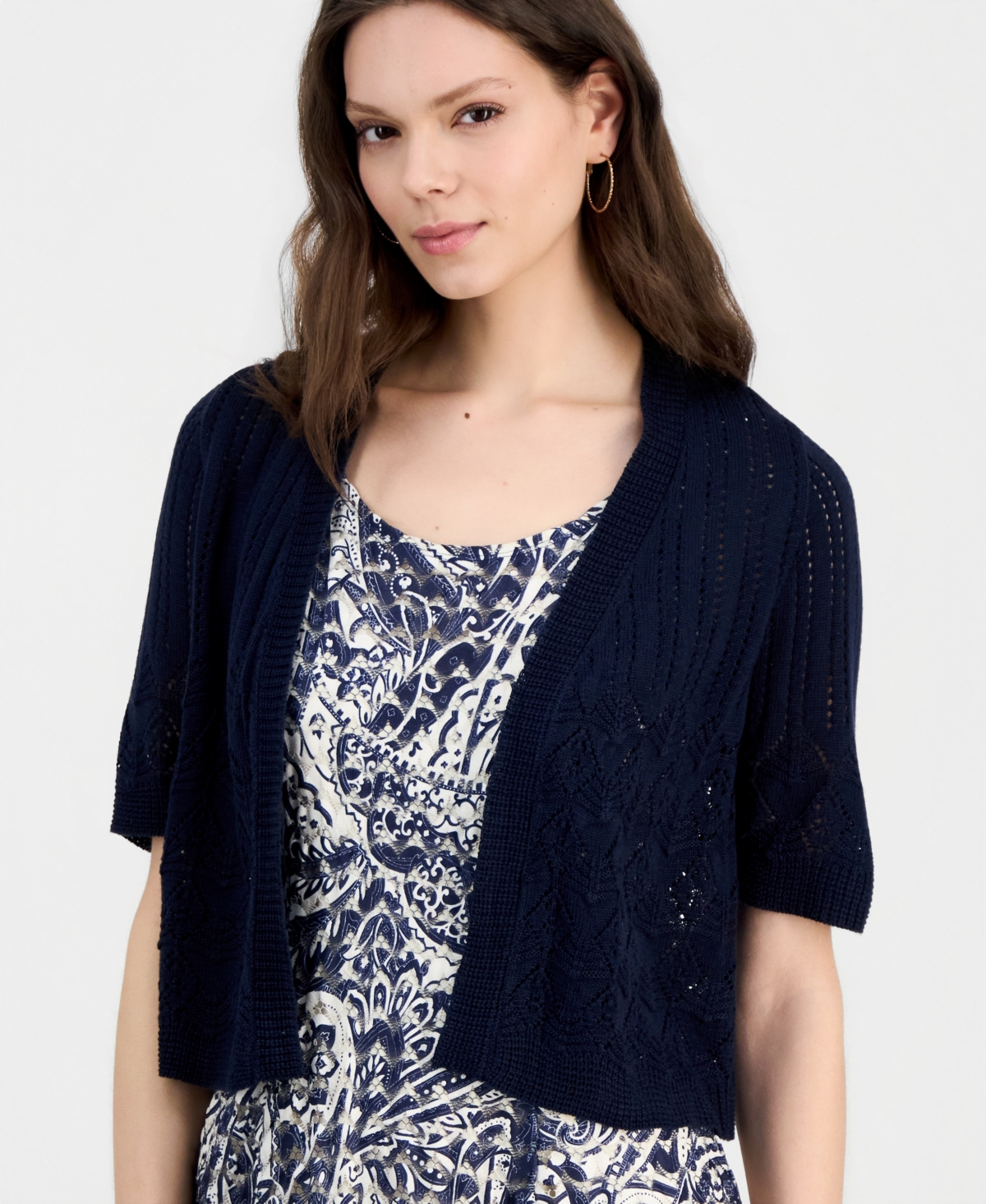 Robbie Bee Women's Printed Dress & Pointelle Shrug Set