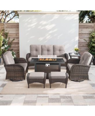 7-Piece Wicker Fire Pit Conversation Set with Olefin Cushions and Patio Swivel Chairs