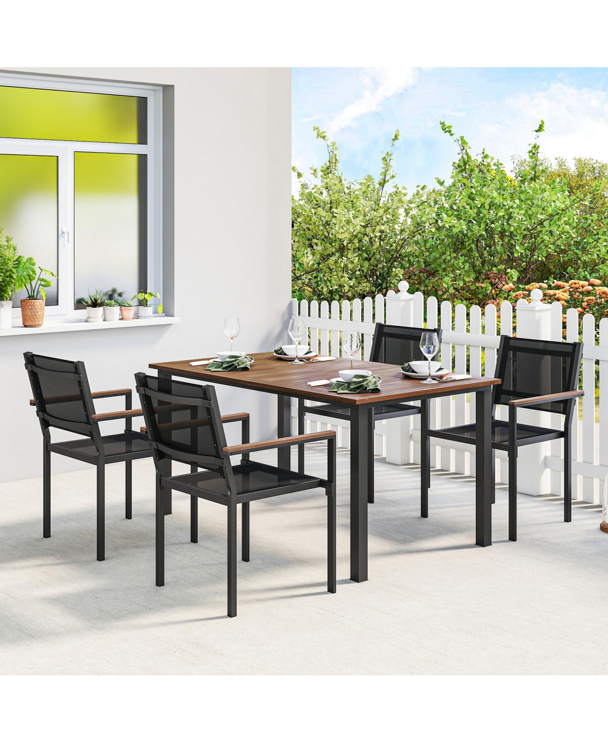 Outsunny Outdoor Dining Set for 4, Acacia Wood Table and Stackable Chairs