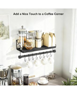 Wooden floating shelf with towel rack and hooks for coffee bar/kitchen/bathroom