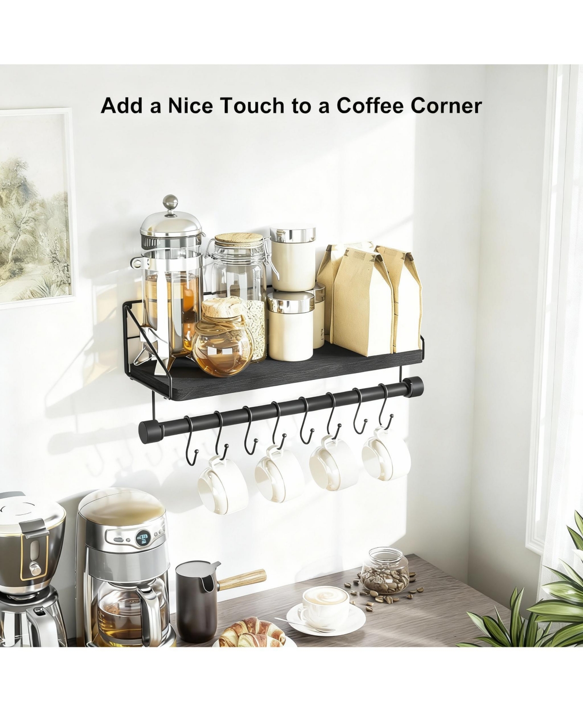 Yigii Wooden floating shelf with towel rack and hooks for coffee bar/kitchen/bathroom