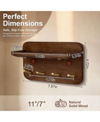Solid Wood Key Holder with 4 Brass Hooks, Anti-Slip Groove, and 15° Incline