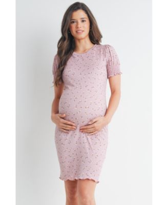 Maternity Floral Ribbed Mini Dress with Short Puff Sleeves
