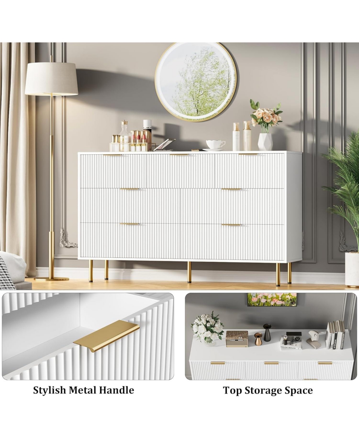 gaomon 7 Drawer Dresser, 55" Wide Fluted Dresser with Drawers, Modern Wooden Double Dressers Metal Handles for Living