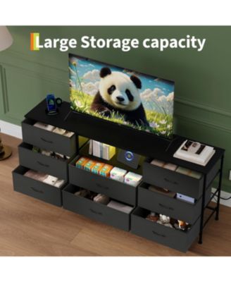 63" w LED TV Stand Dresser with 8 Fabric Drawers, Dressers & Chests of Drawers TV Stand with Storage, Steel Frame & LED Lighting