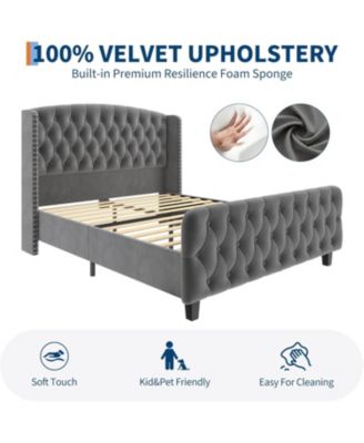 Queen Upholstered Deep Button Tufted Noise Free Wood Slat Platform Bed with Tall Wingback Headboard