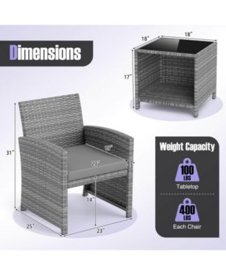 3 PCS Patio Furniture Set with Tempered Glass Coffee Table & Soft Seat Cushions