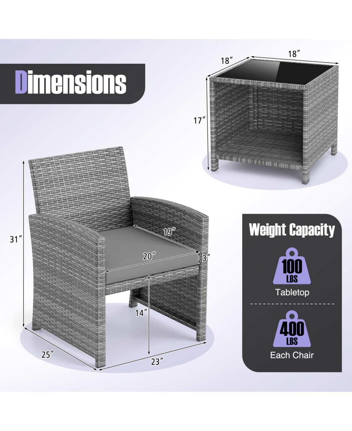Costway 3 Pcs Patio Furniture Set with Tempered Glass Coffee Table & Soft Seat Cushions