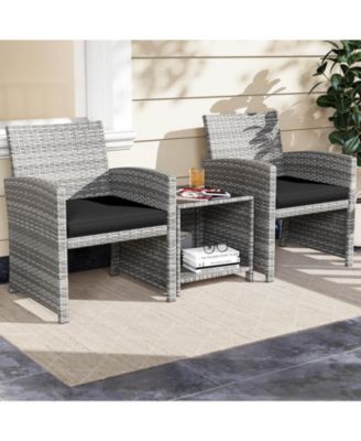 3 PCS Patio Furniture Set with Tempered Glass Coffee Table & Soft Seat Cushions
