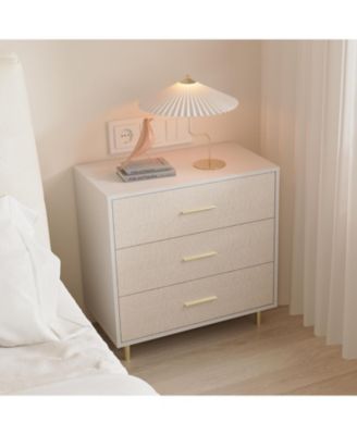 Elegant 3-Drawer White Dresser with Handles and Legs, Wooden Nightstand with Linen-Textured Surface, Modern White Chest of Drawers