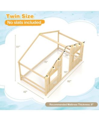 Kids Twin Floor Bed, House-Shaped Design with LED Lighting