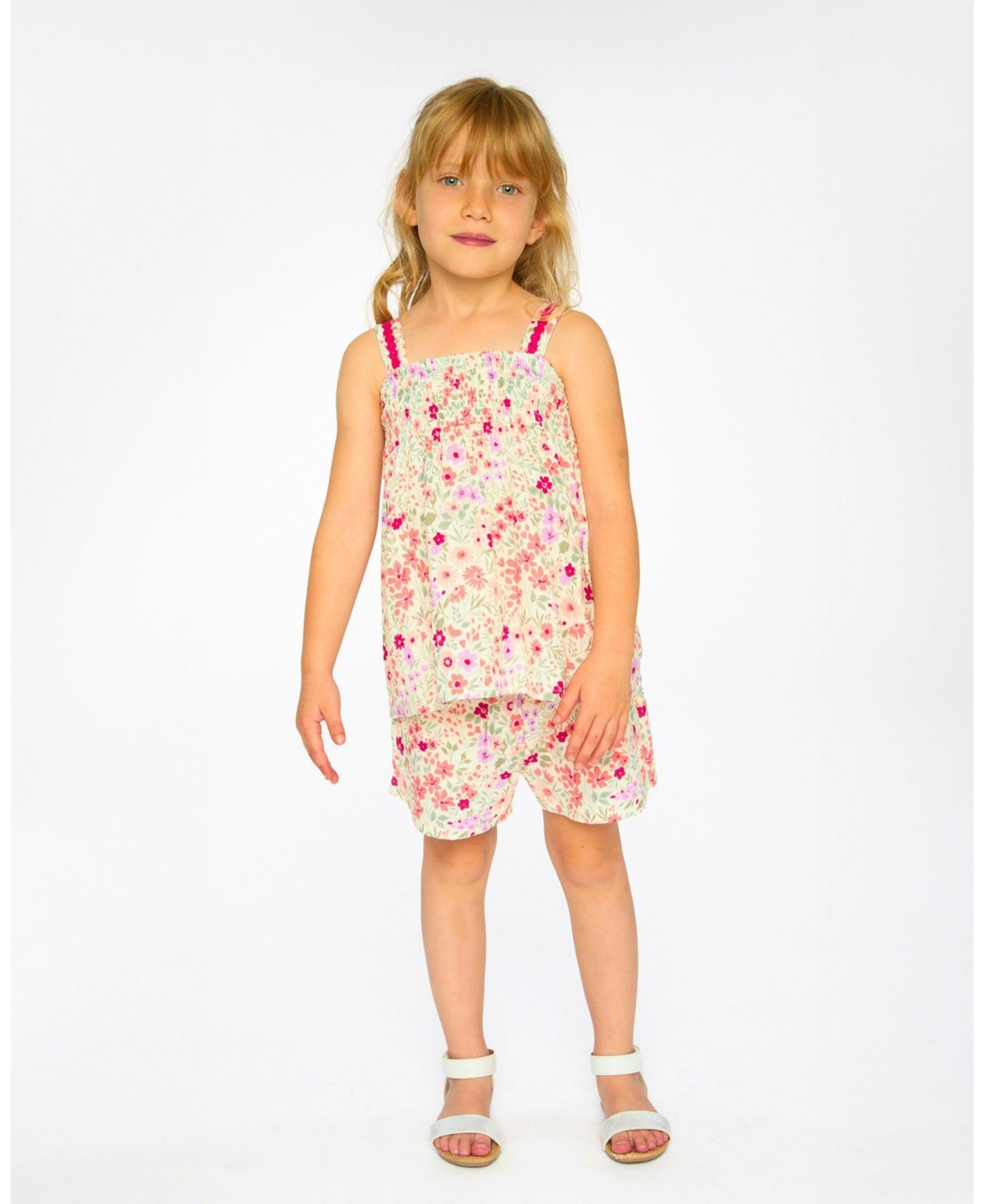 Deux par Deux Big Girls Tank Top with Smocking and Shorts Set in Muslin Off White Printed Flowers