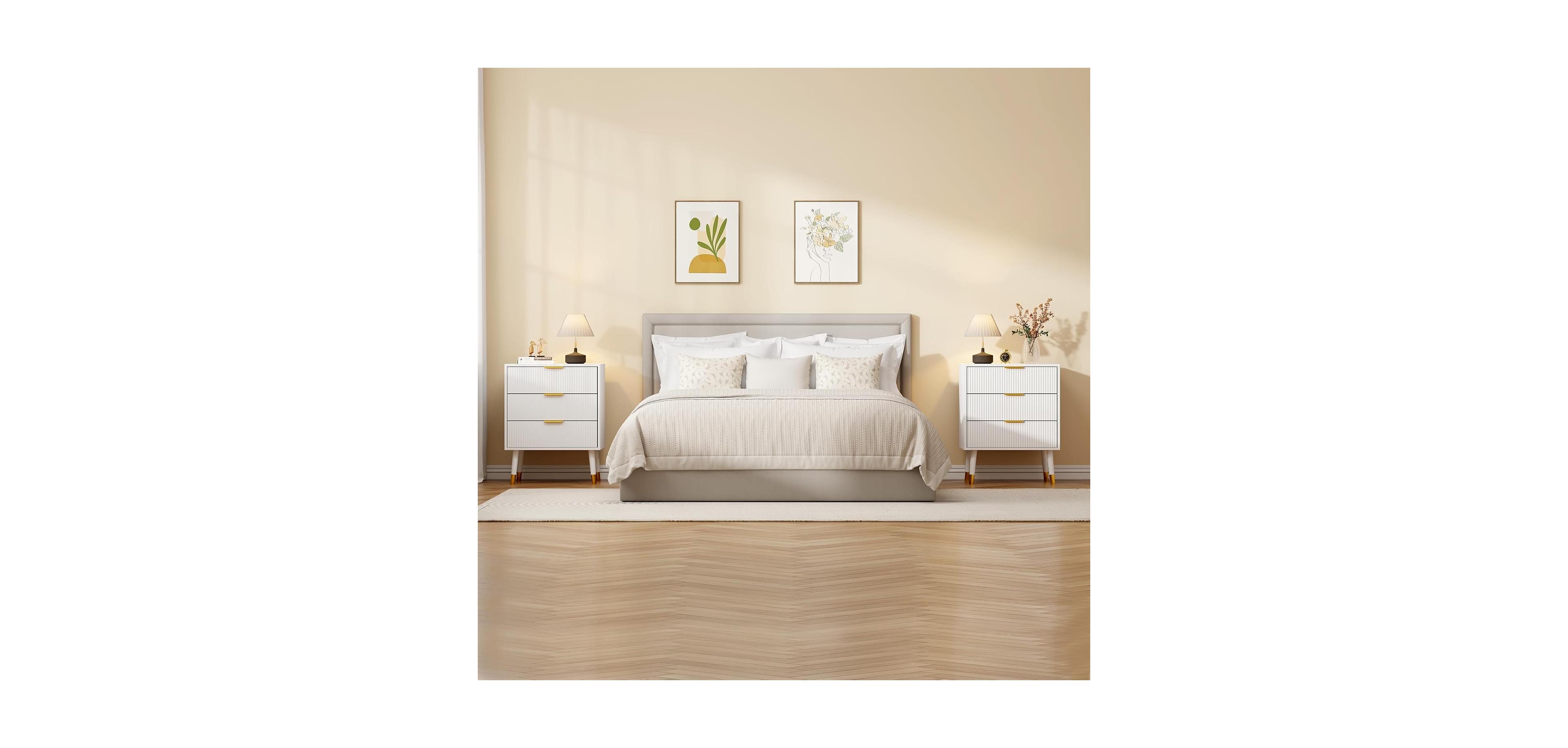 gaomon Fluted 3 Drawer Dresser Set of 2, Large Modern Nightstand Cabinet with Gold Metal Handles, End Table Wood Chest of Drawers for Bedroom