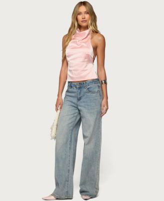 Women's Satin Effect Backless Cowl Neck Top