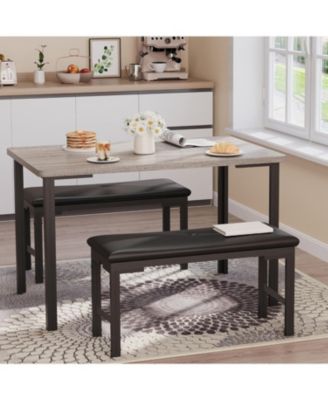 Dining Table Set for 4, 3Pcs Kitchen Table with 2 Benches 43.3" Farmhouse Breakfast Table with Metal Frame for Small Space