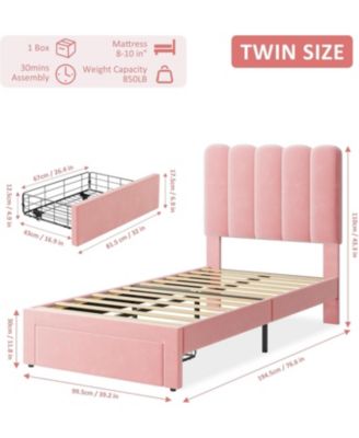 2 Sets Twin Bed Frame with Under-Bed Drawer, Upholstered Platform Bed with Wave Headboard for Kids/Girls, Wooden Slats Support