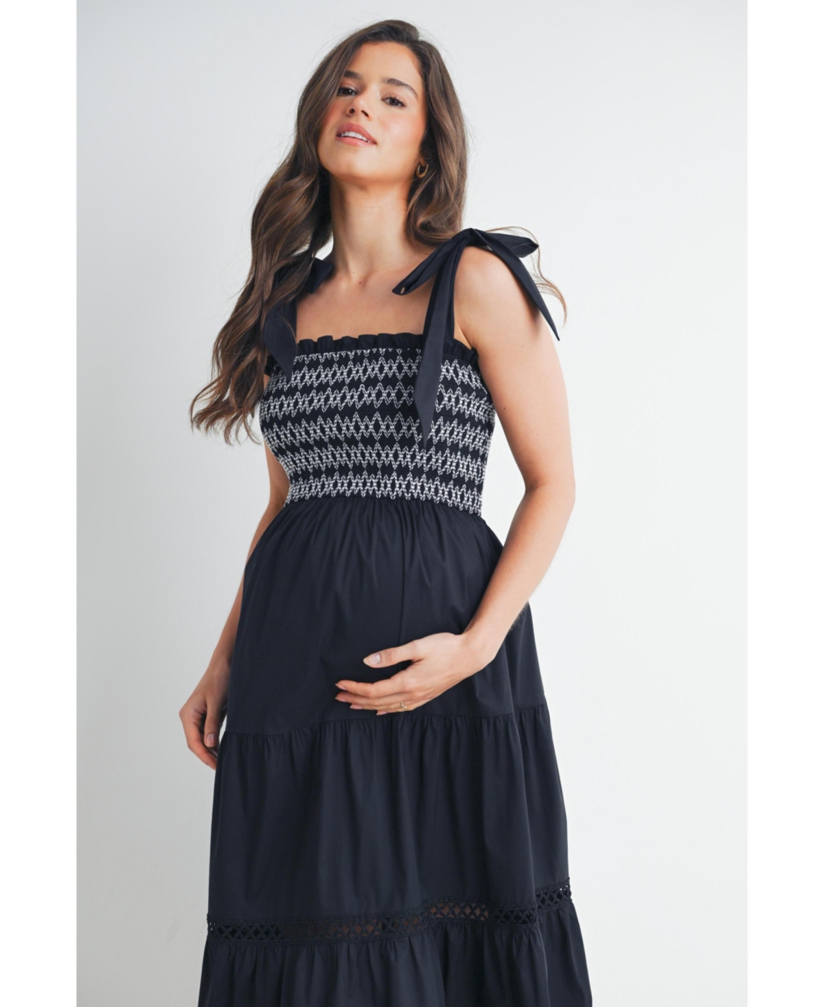 Hello Miz Maternity Smocked Empire Waist Midi Dress with Shoulder Ties