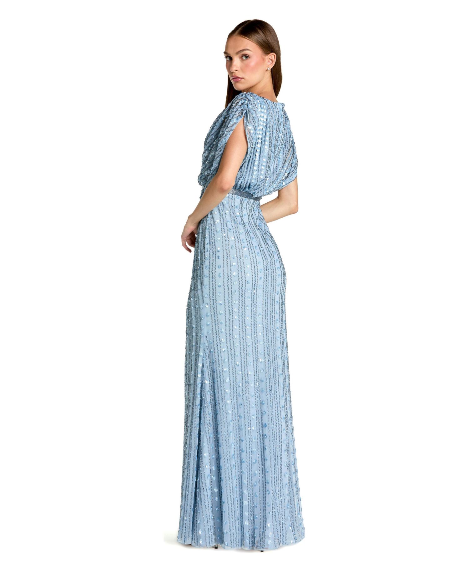 Women's Beaded Mesh Blouson V Neck Column Gown