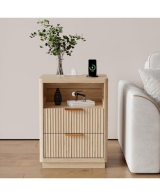 Fluted Nightstand with Charging Station, Mid Century Modern Fluted Nightstand, 2 Drawers Wooden Night Stand