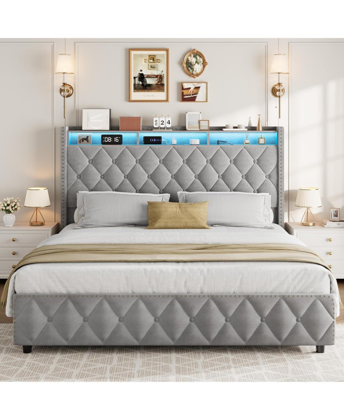 gaomon King Size Upholstered Platform Bed Frame with 4 Storage Drawers, Nailhead Trim Headboard, Led Lights & Charging Station