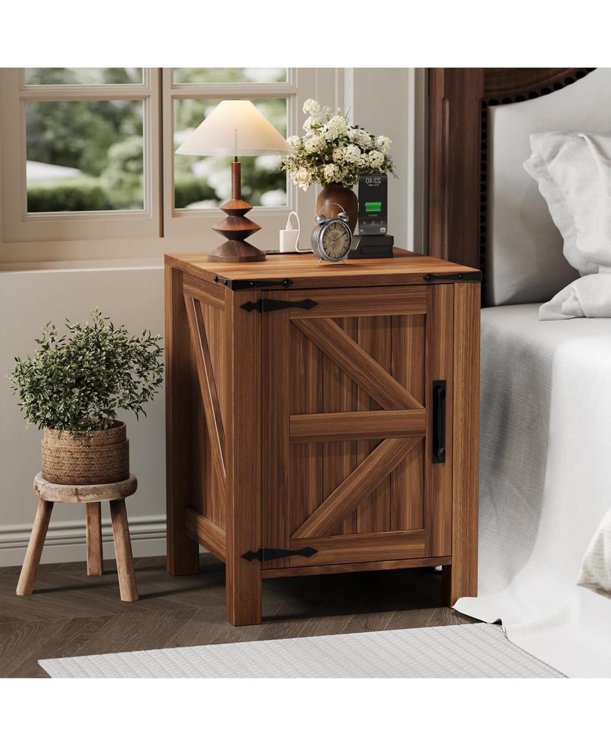gaomon Rustic Farmhouse Nightstand with Charging Station, Barn Door & Adjustable Storage Shelf