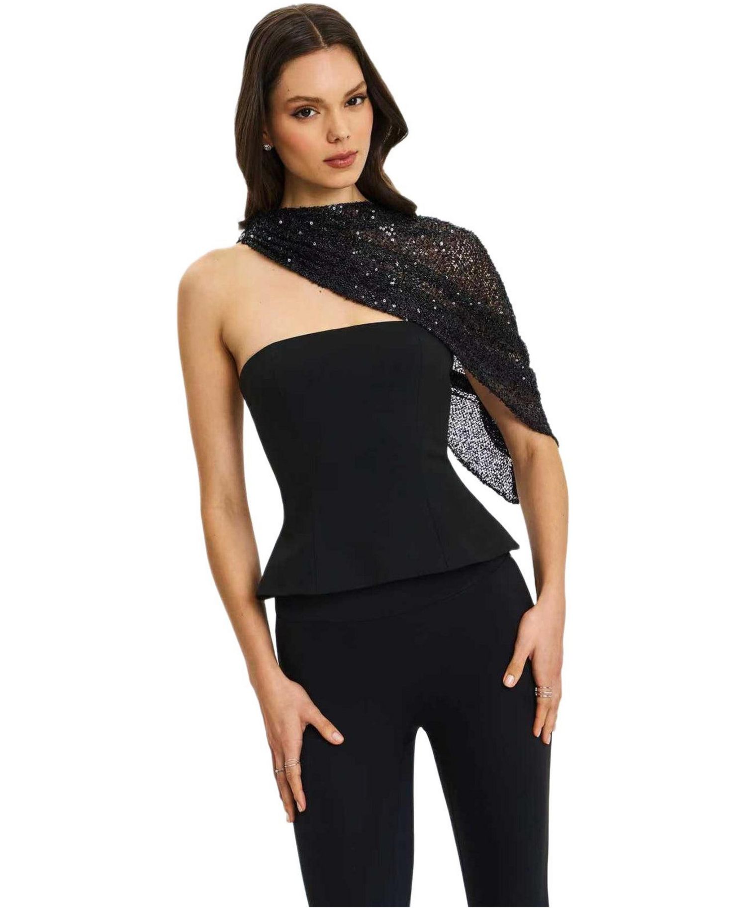Women's Quinette Black Peplum Top with Beaded Asymmetrical Cape