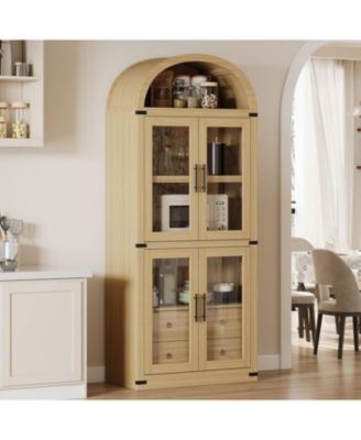 Arched Pantry Cabinet with Doors, 71.4" Tall Wood Storage Cabinet with 2 Drawers