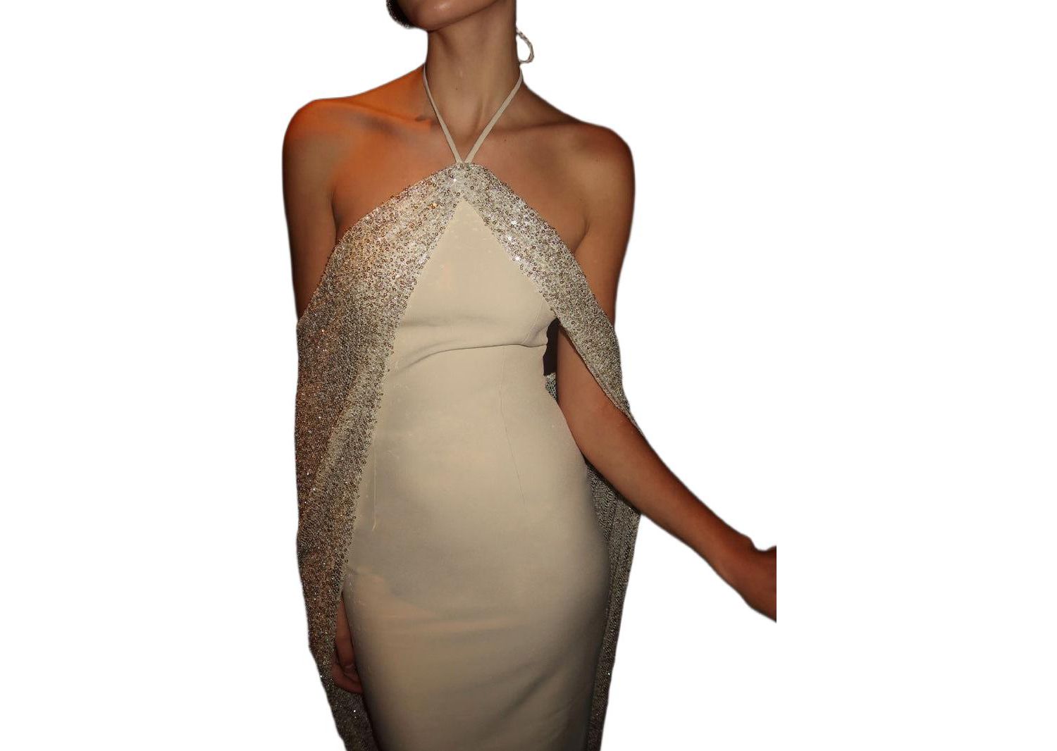 Women's Quimera Almond Beaded Cape Halter Off-Shoulder Maxi Gown