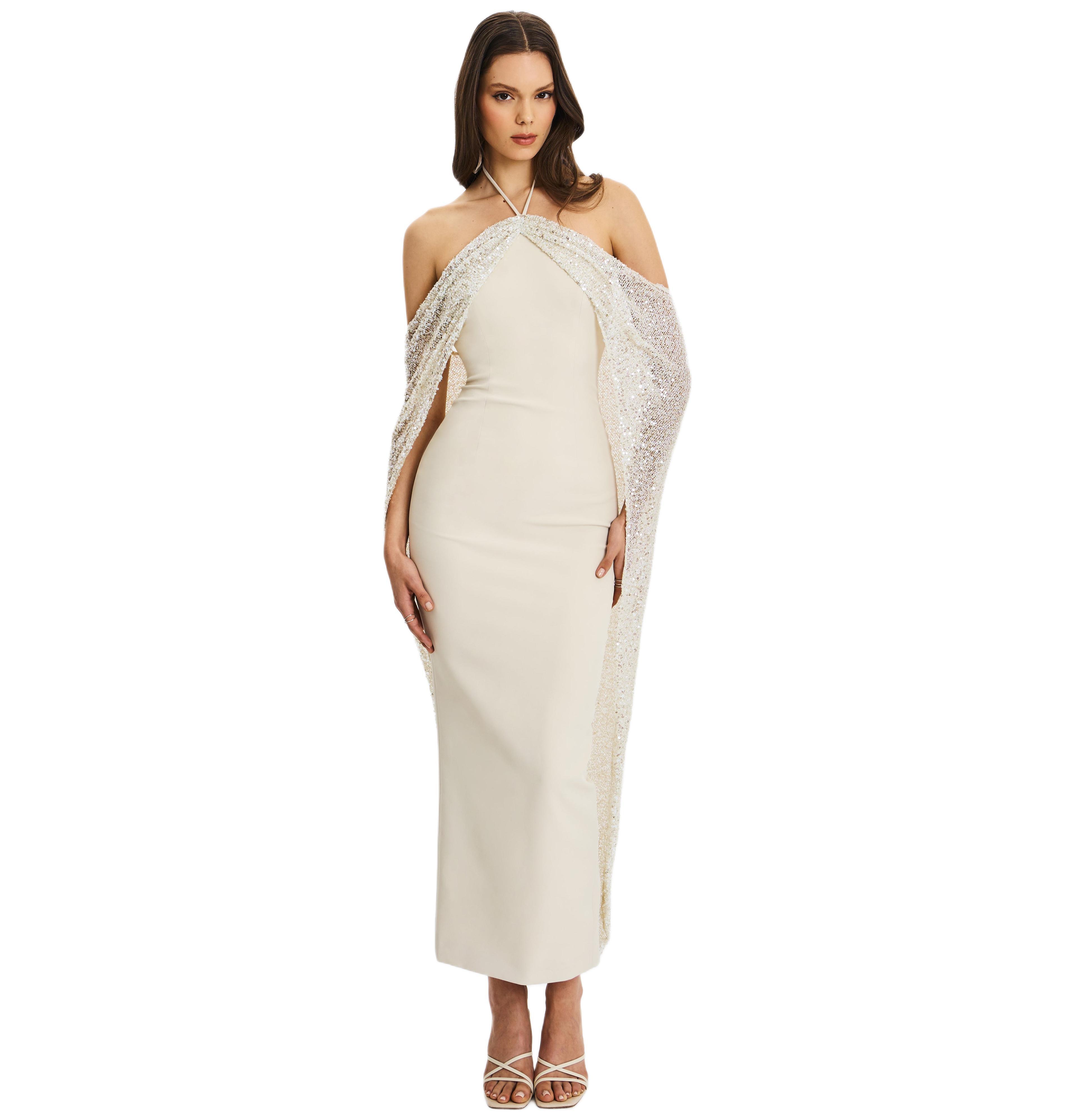 Miss Circle Women's Quimera Almond Beaded Cape Halter Off-Shoulder Maxi Gown