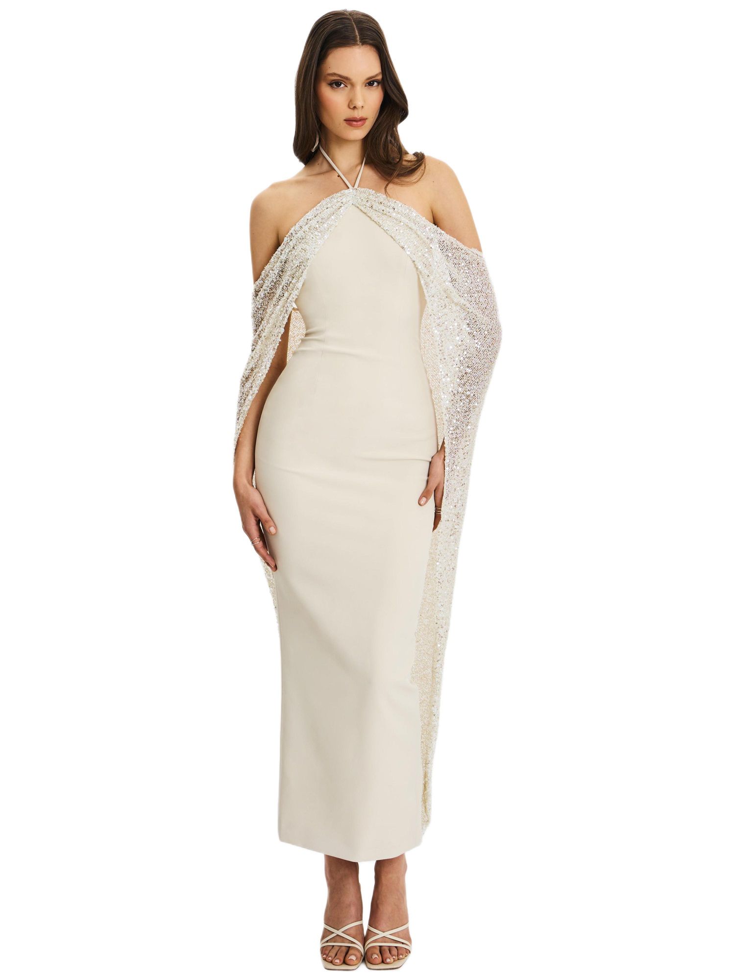 Women's Quimera Almond Beaded Cape Halter Off-Shoulder Maxi Gown