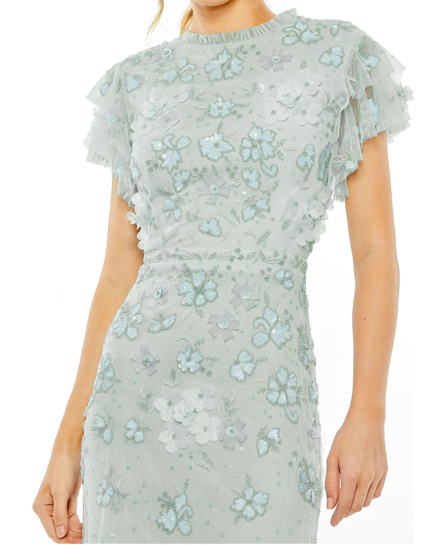Women's Floral Embellished High Neck Flutter Sleeve Gown