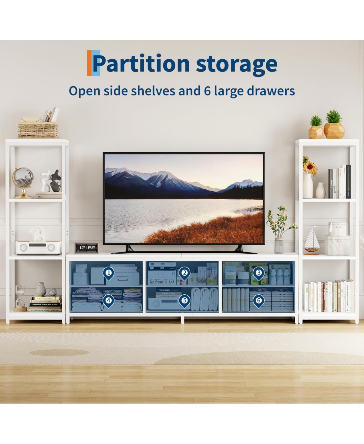 gaomon 88.9" Tv Stand for 75 Inch Tv, Entertainment Center with Fabric Drawers & 4-Tier Open Shelves, Modern Media Console