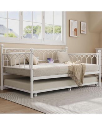 Twin Daybed with Trundle, Metal Trundle Bed with Charging Station & LED Lights, Sofa Bed Frame with 6 Locking Caster Wheels for Living Room