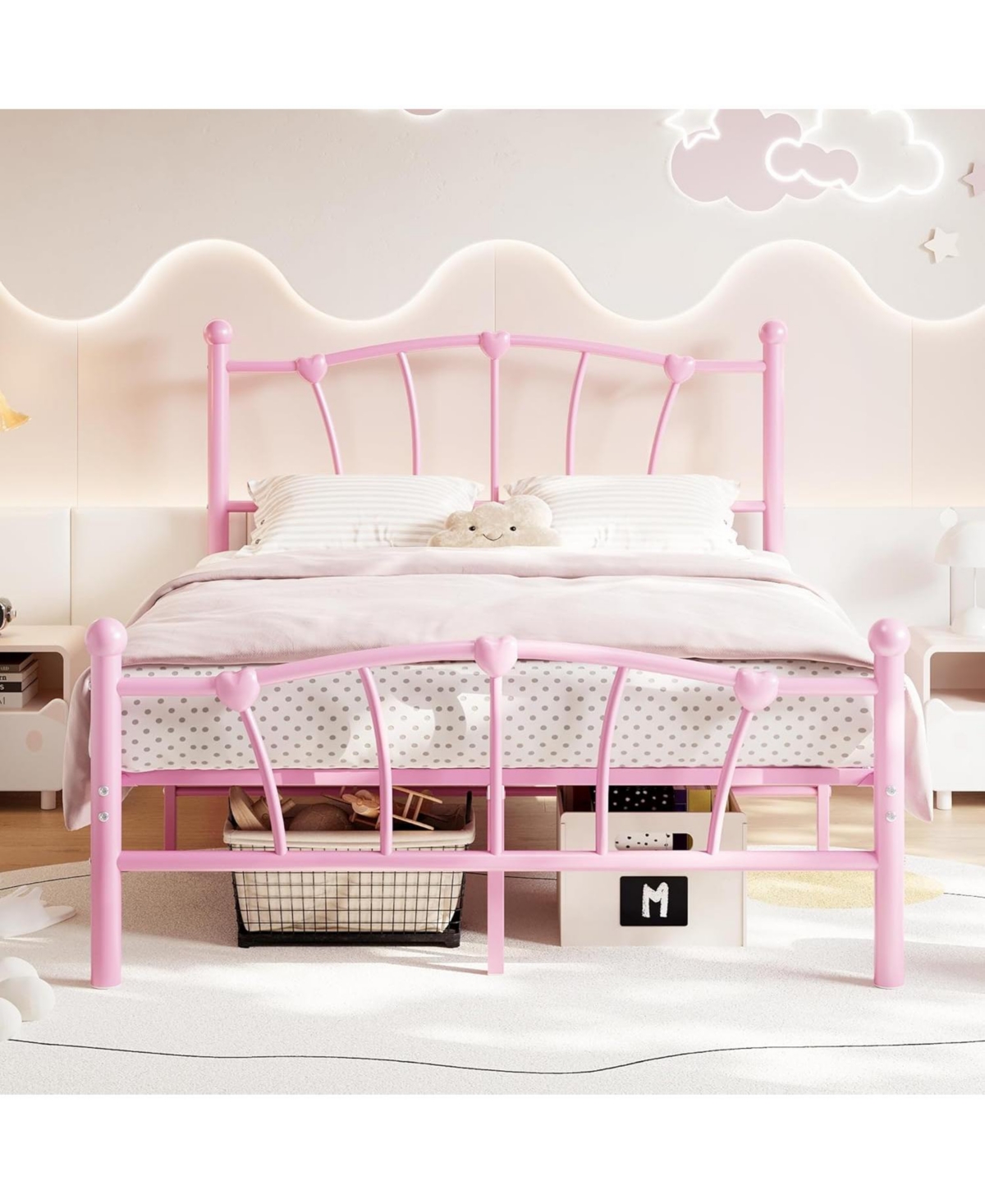 gaomon Twin Metal Bed Frame, Frames for Girls, Platform with Heart-Shaped Design Headboard&Footboard