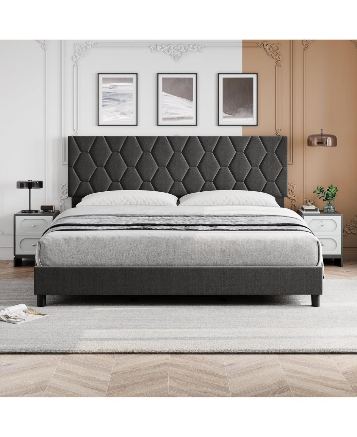 gaomon Bed Frame with Adjustable Headboard, Upholstered Platform Sturdy Wood Slats Support, No Box Spring Needed