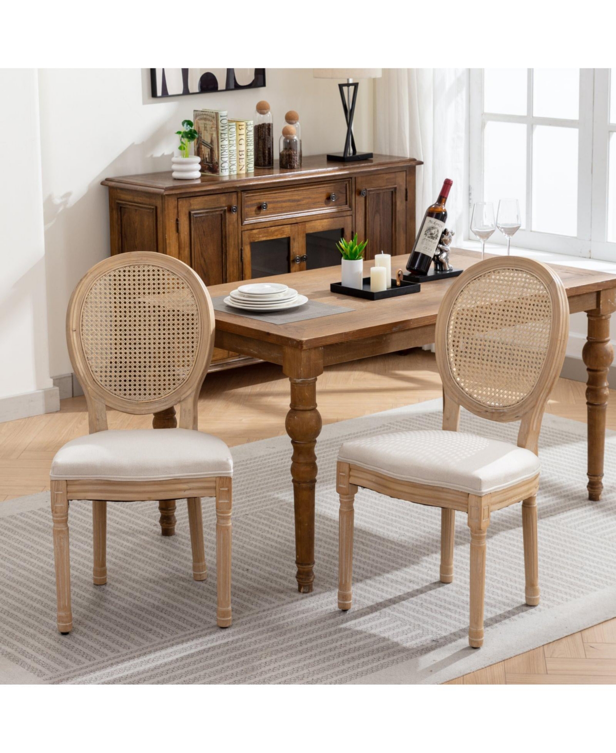 sumyeg French Style Solid Wood Frame Dining Chair with Linen Fabric and Rattan Back Set of 2