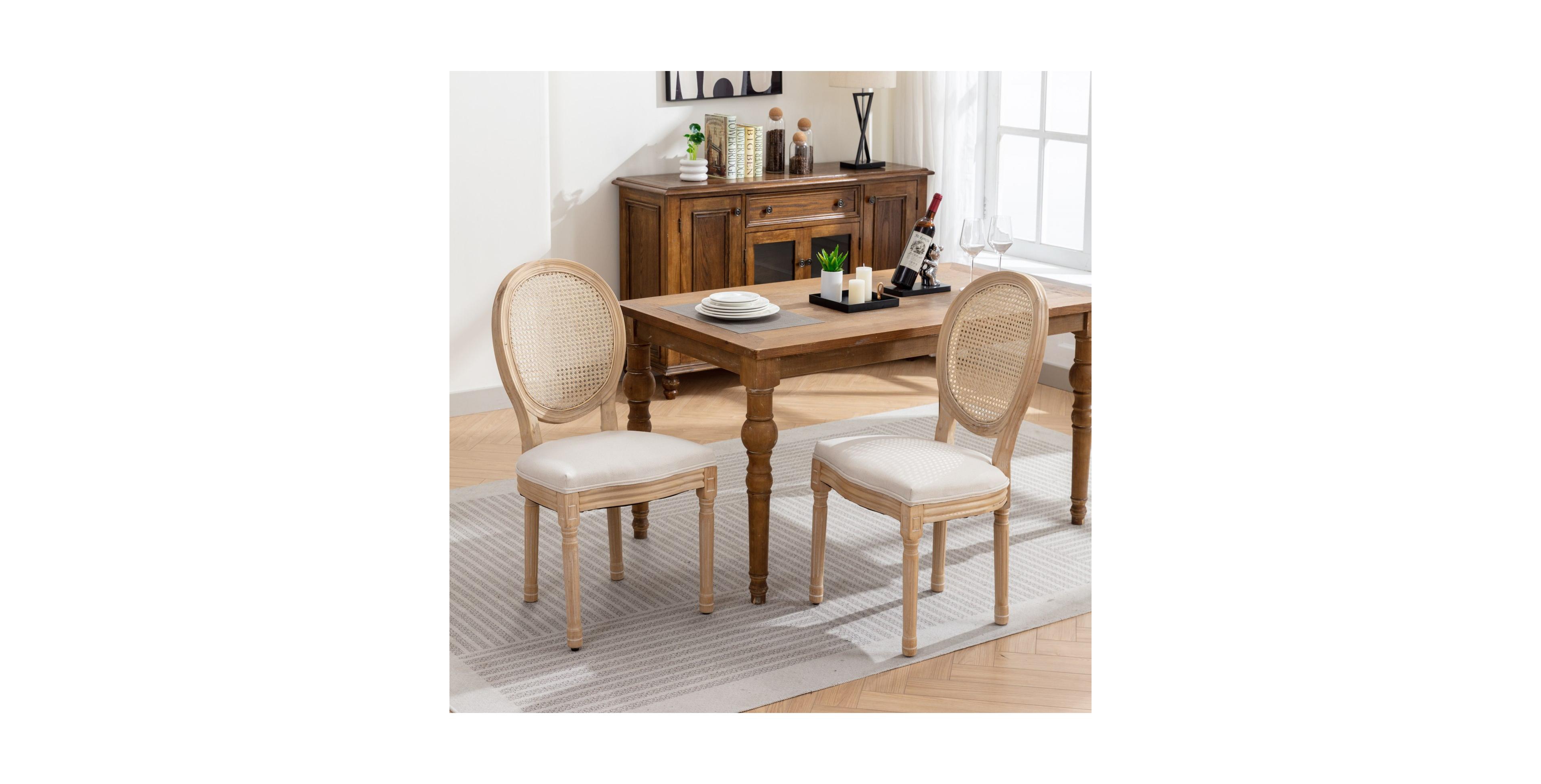 sumyeg French Style Solid Wood Frame Dining Chair with Linen Fabric and Rattan Back Set of 2