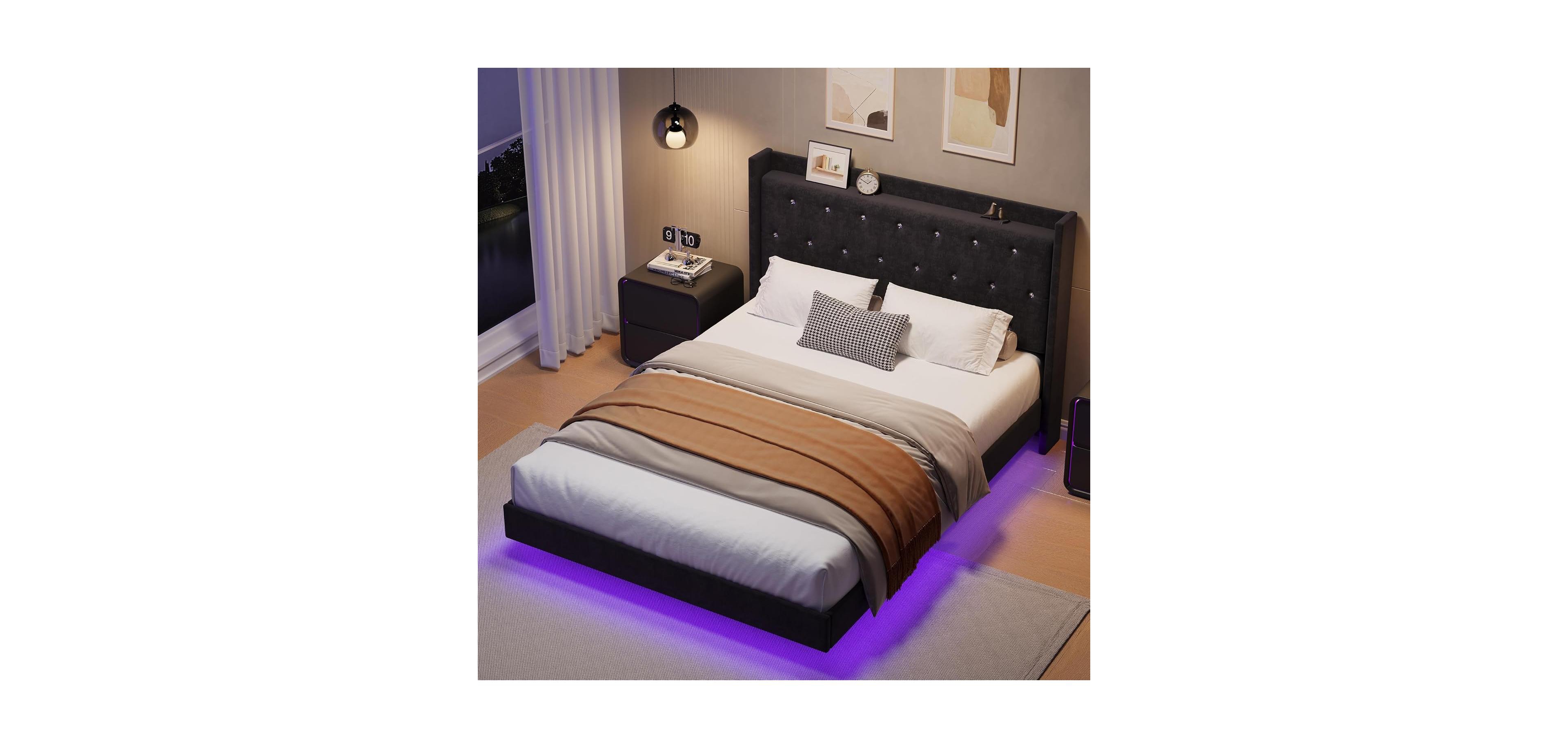 gaomon Full Led Bed Frame with Storage Shelves, Modern Upholstered Headboard, Heavy Duty Metal Slats, No Box Spring Needed