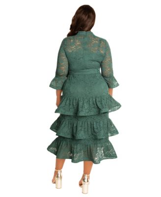 Plus Size Lace Bell Sleeve Tiered Dress