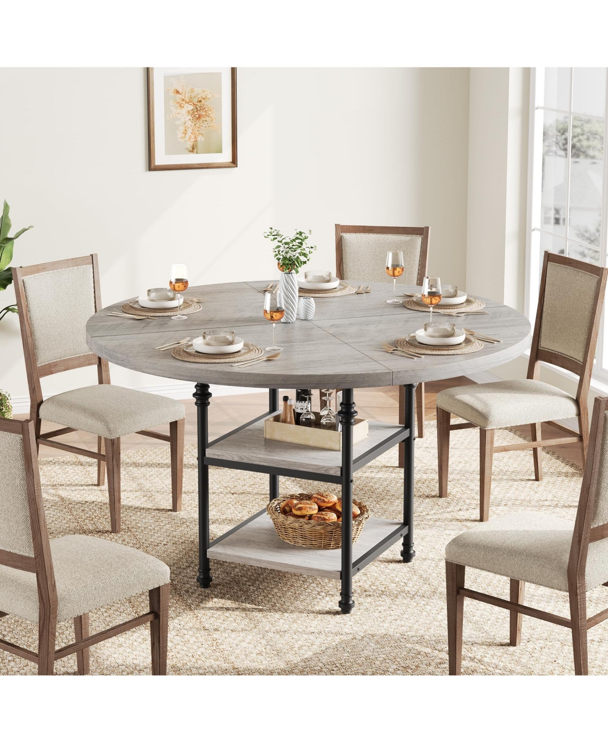 gaomon Round Dining Table for 4-6 People 47 Inch with 2-Layer Storage Shelf, Farmhouse-Style Wooden