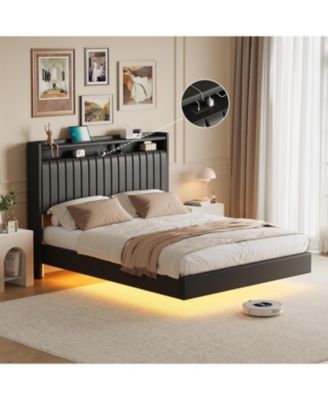 Upholstered Leather LED Light Charging Station Floating Bed Frame