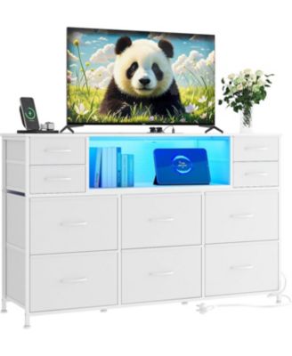 10 Fabric Drawers Dresser, Entertainment Center TV Stand with Power Outlet & LED Light for 45"-55" TV, Chest of Drawers for Bedroom