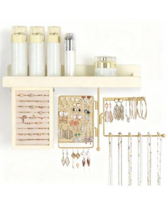 4-in-1 Wall Hanging shelves: Wood Shelf, Ring Box, Peg Board, Rotating Necklace Rack