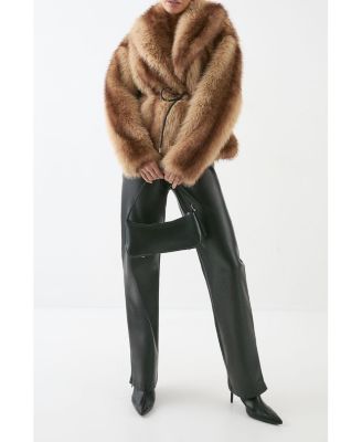 Women's Faux Fur Wide Collar Belted Jacket