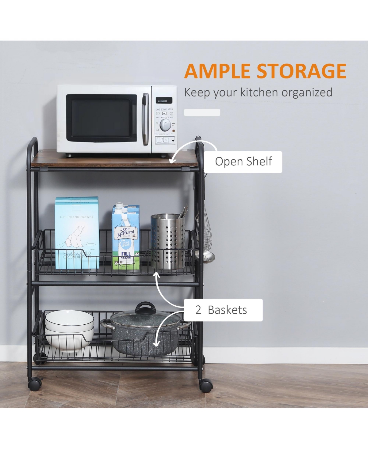 Homcom 24" 3-Level Kitchen Cart Utility Organizer w/ 2 Storage Shelves, Wheels