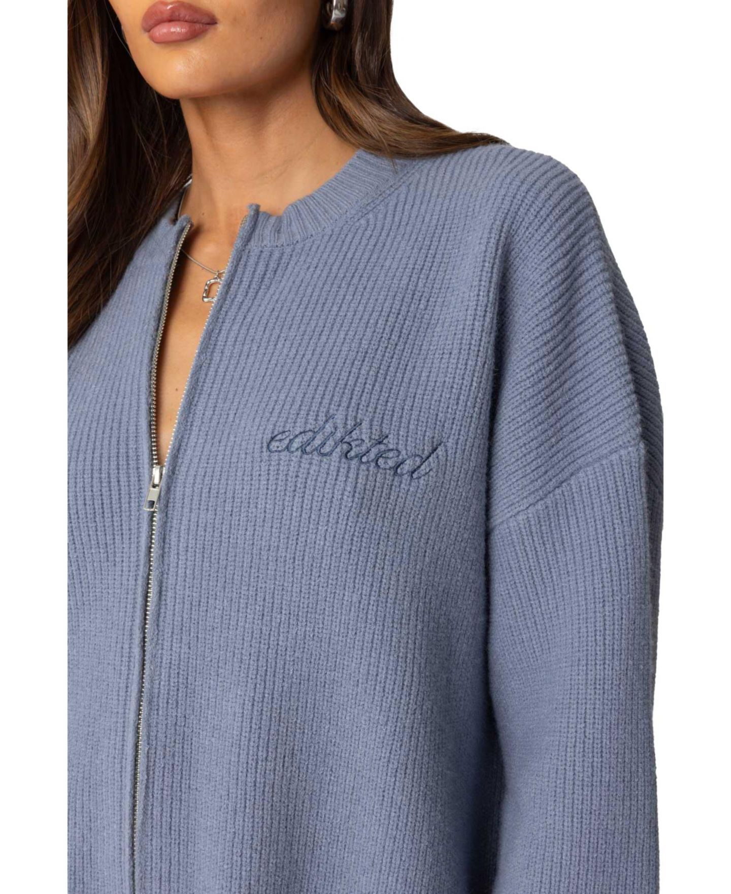 Женский свитер Edikted Kris Ribbed Knit Zip Up, цвет: Синий — фото 2